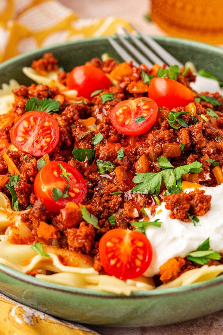 Close up of a bowl of Anna Paul's viral turkish pasta recipe.