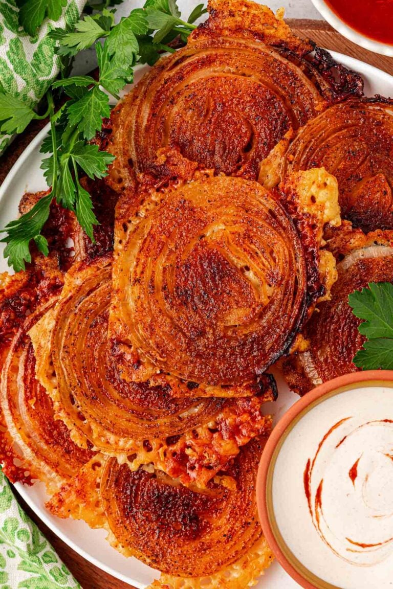 Overhead photo of a plate or viral onion ring chips.