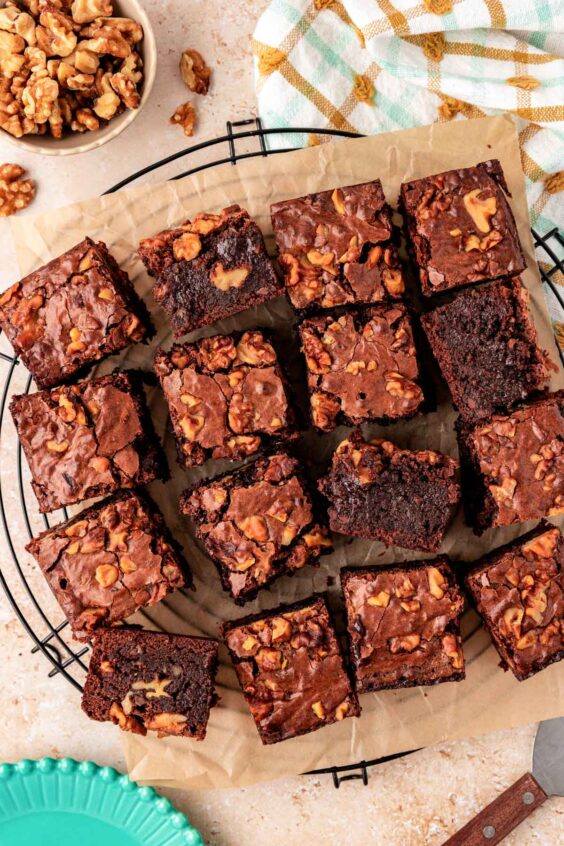 Overhead photo of Walnut brownies slices on a wire rack.