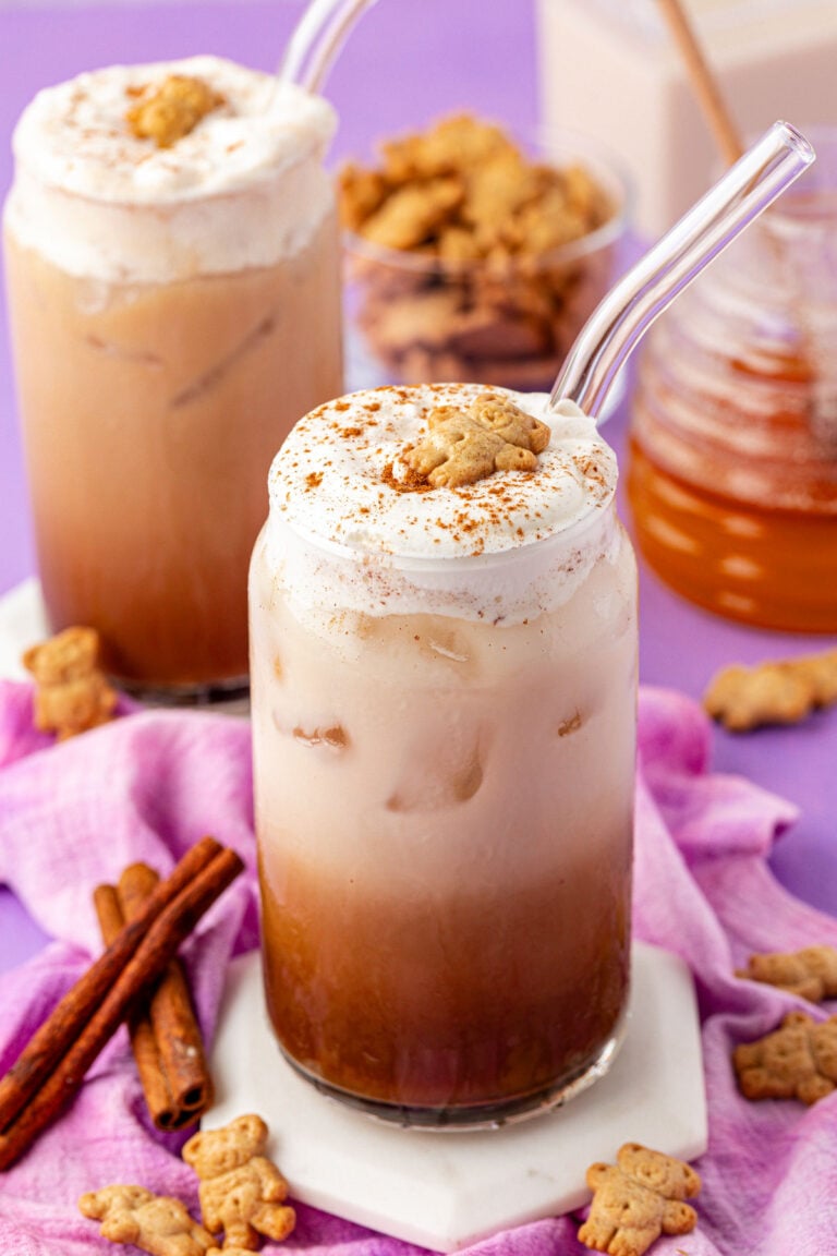 Two glasses with tiktok teddy graham lattes in them.
