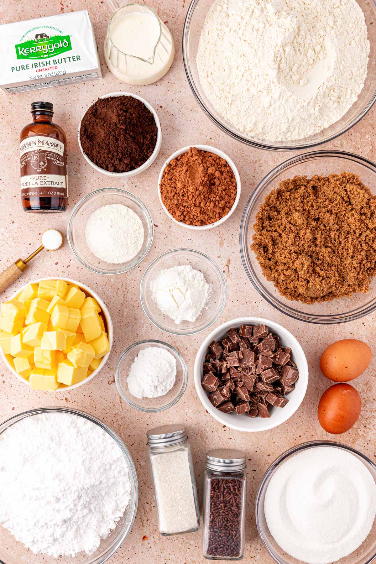 Overhead photo of ingredients to make chocolate cake cookies prepped on a counter.