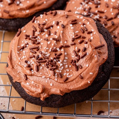 Close up of chocolate cake cookies on a wire rack.