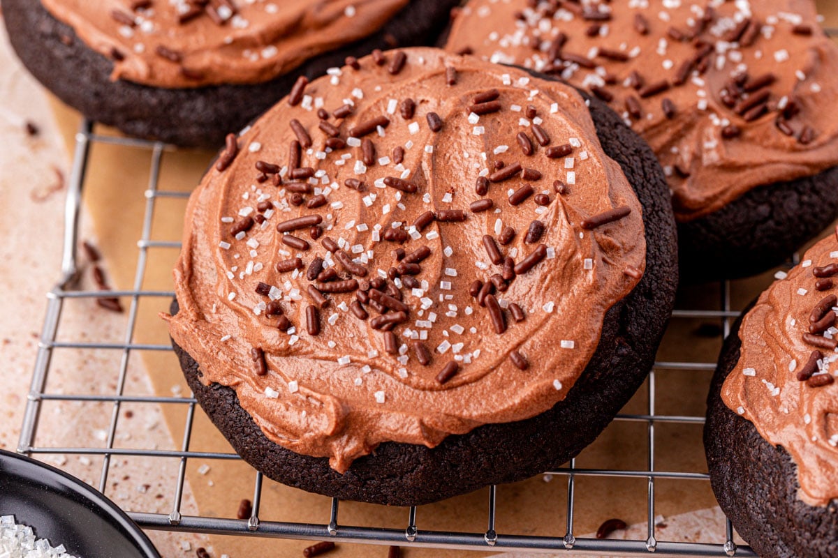 Close up of chocolate cake cookies on a wire rack.