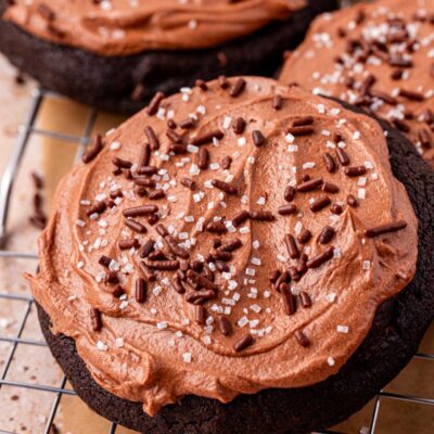 Close up of chocolate cake cookies on a wire rack.