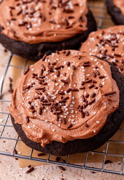 Close up of chocolate cake cookies on a wire rack.