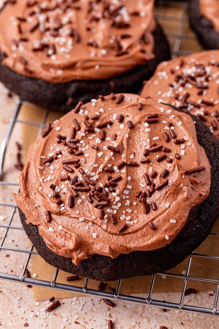 Close up of chocolate cake cookies on a wire rack.