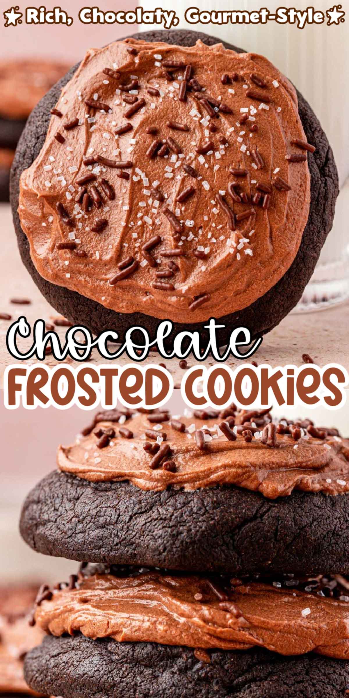 Dessert satisfaction can be found RIGHT HERE with this incredible Frosted Chocolate Cookies recipe! These rich, chocolaty, gourmet-style cookies are made with a no-chill dough and a homemade 5-ingredient frosting to create the ultimate chocolate treat that will blow your mind! via @sugarandsoulco