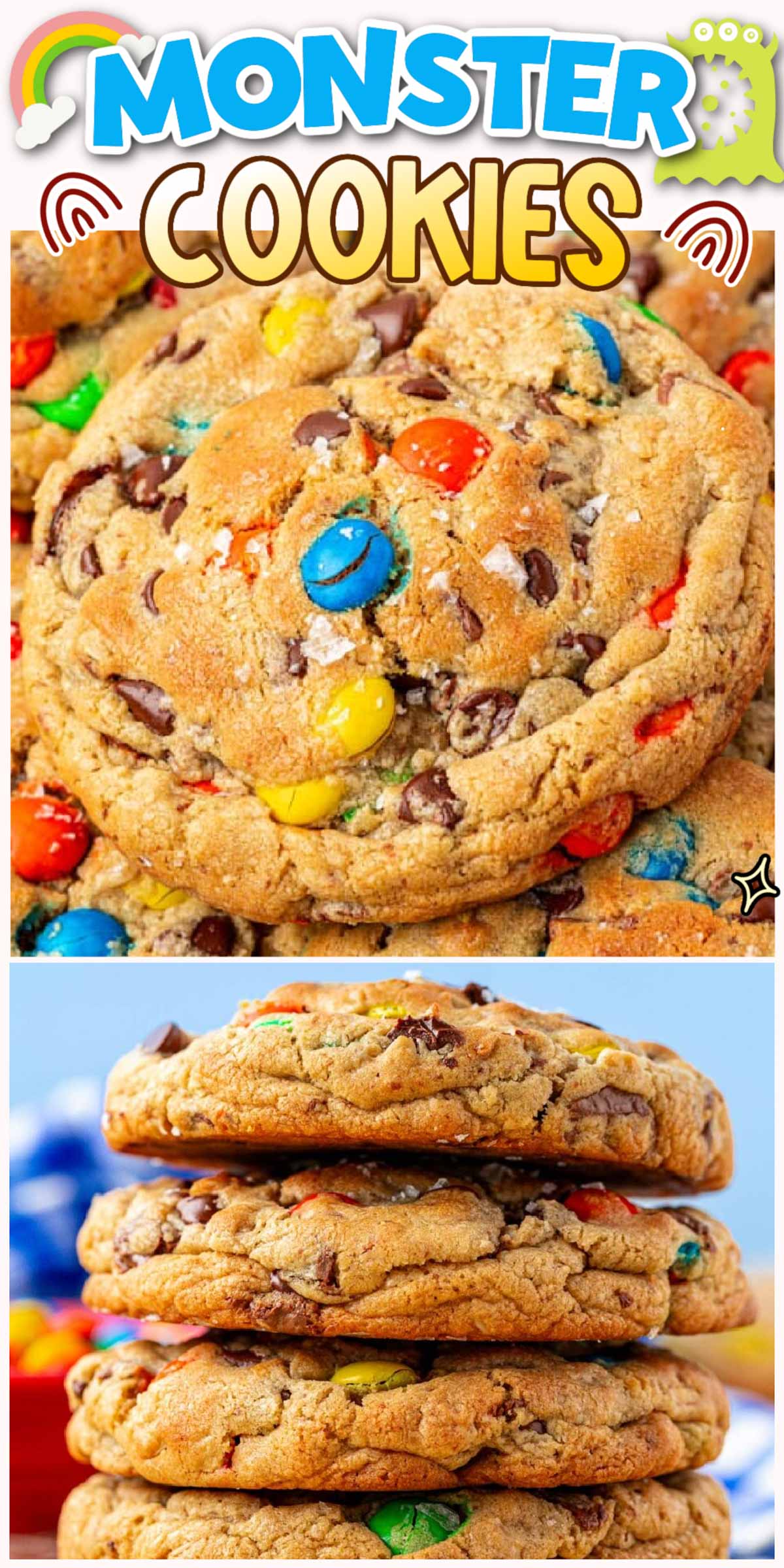 These big, chewy Monster Cookies are inspired by the cookie style of New York's Levain Bakery and are loaded with M&Ms, chopped milk chocolate, and semi-sweet chocolate chips!  via @sugarandsoulco