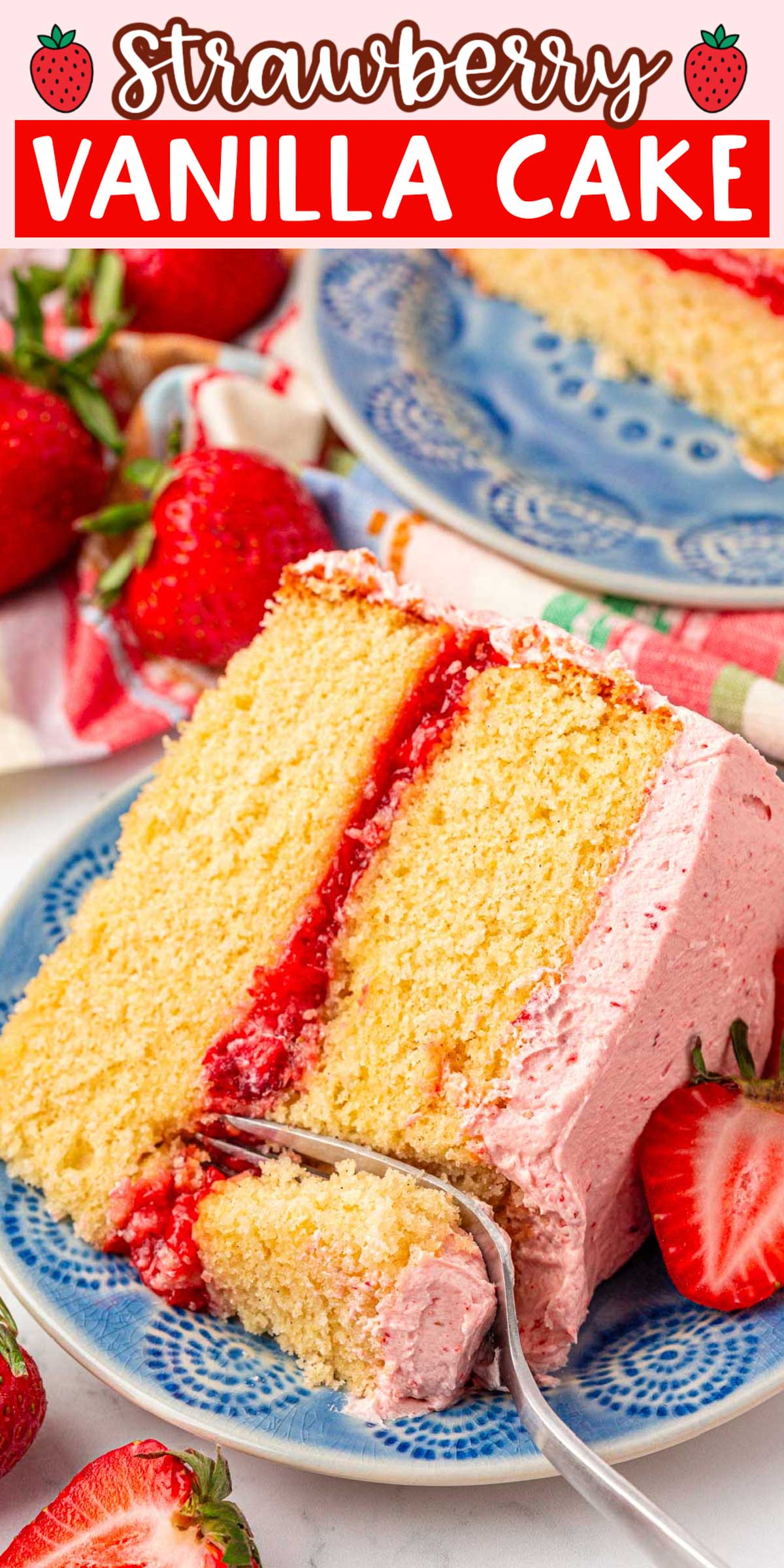 Enjoy the explosion of sweet vanilla mixed with the taste of fruity strawberry in this Strawberry Vanilla Cake! Two tender homemade vanilla cake layers with strawberry filling sandwiched between, all wrapped up in a fluffy strawberry buttercream frosting!  via @sugarandsoulco