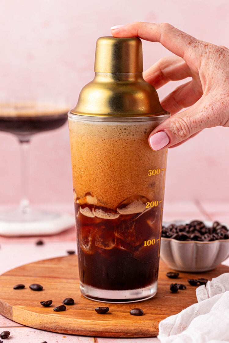 A shaken espresso martini being made.