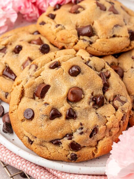 Close up of a big chocolate chip cookie.