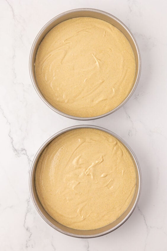 Vanilla cake batter in two round pans ready to bake.