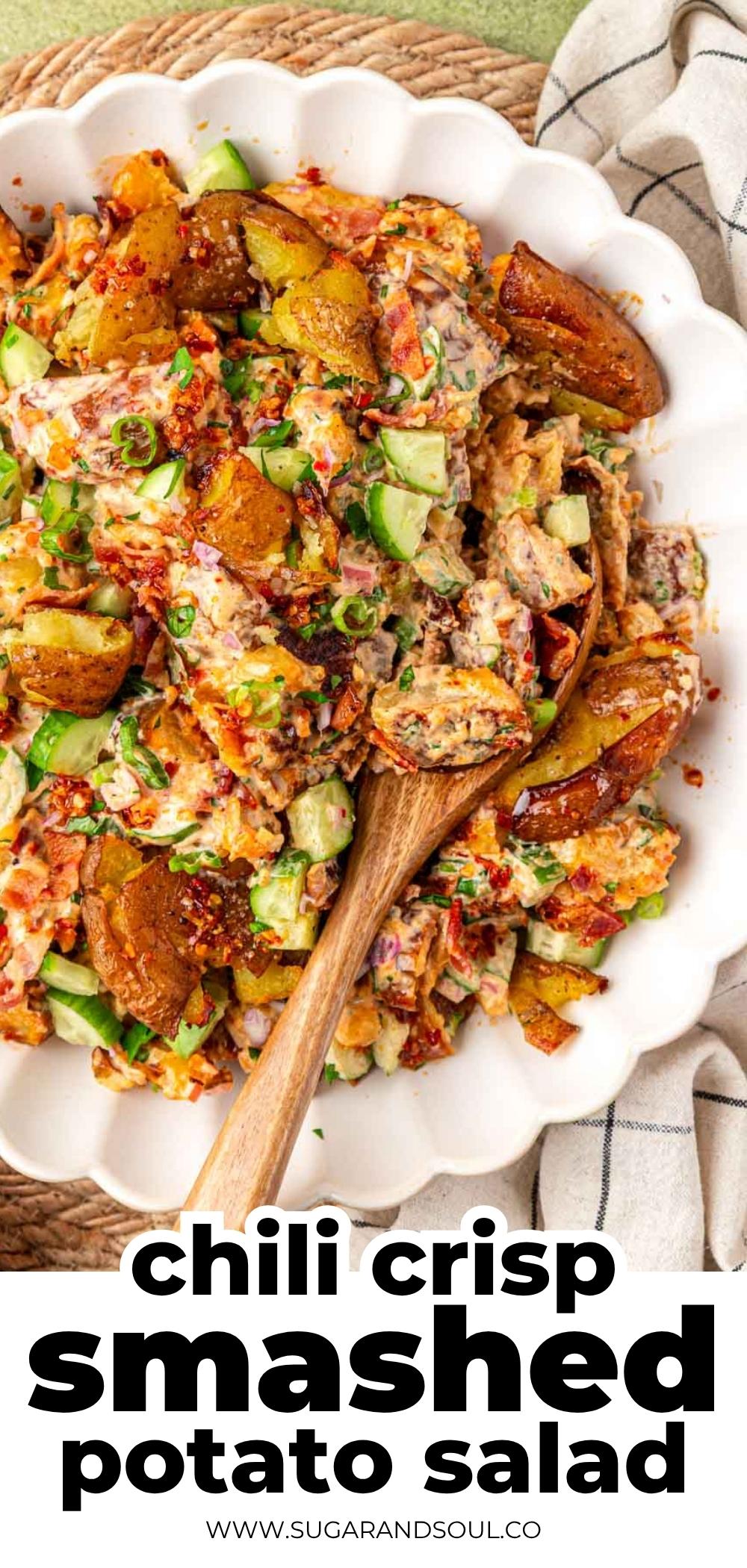 Spice up your summer BBQs with this Chili Crisp Smashed Potato Salad! Crispy roasted potatoes combine with savory bacon bits and diced cool cucumber before being smothered in a creamy, tangy homemade dressing with a kick of heat. Every bite is a delicious explosion of flavor with a satisfying texture! via @sugarandsoulco