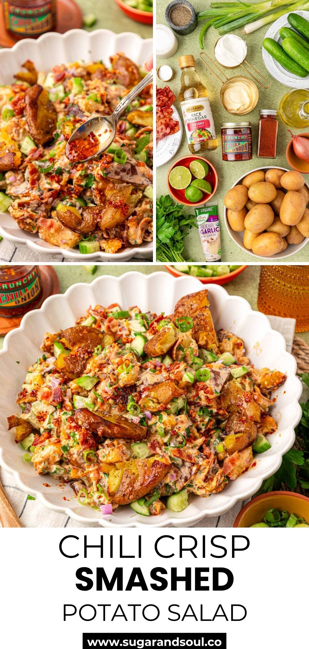 Spice up your summer BBQs with this Chili Crisp Smashed Potato Salad! Crispy roasted potatoes combine with savory bacon bits and diced cool cucumber before being smothered in a creamy, tangy homemade dressing with a kick of heat. Every bite is a delicious explosion of flavor with a satisfying texture! via @sugarandsoulco