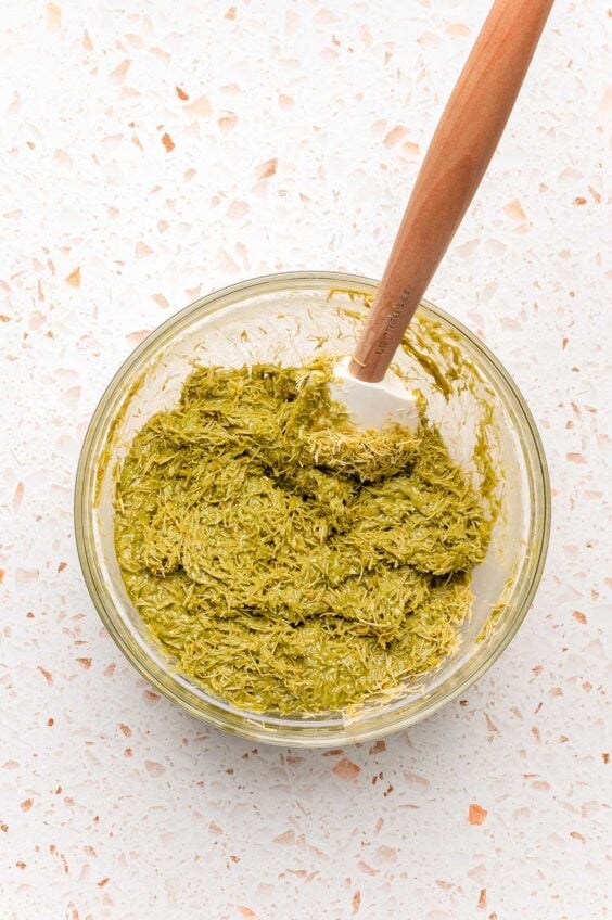 Kataifi and pistachio cream filling for Dubai bars in a bowl.
