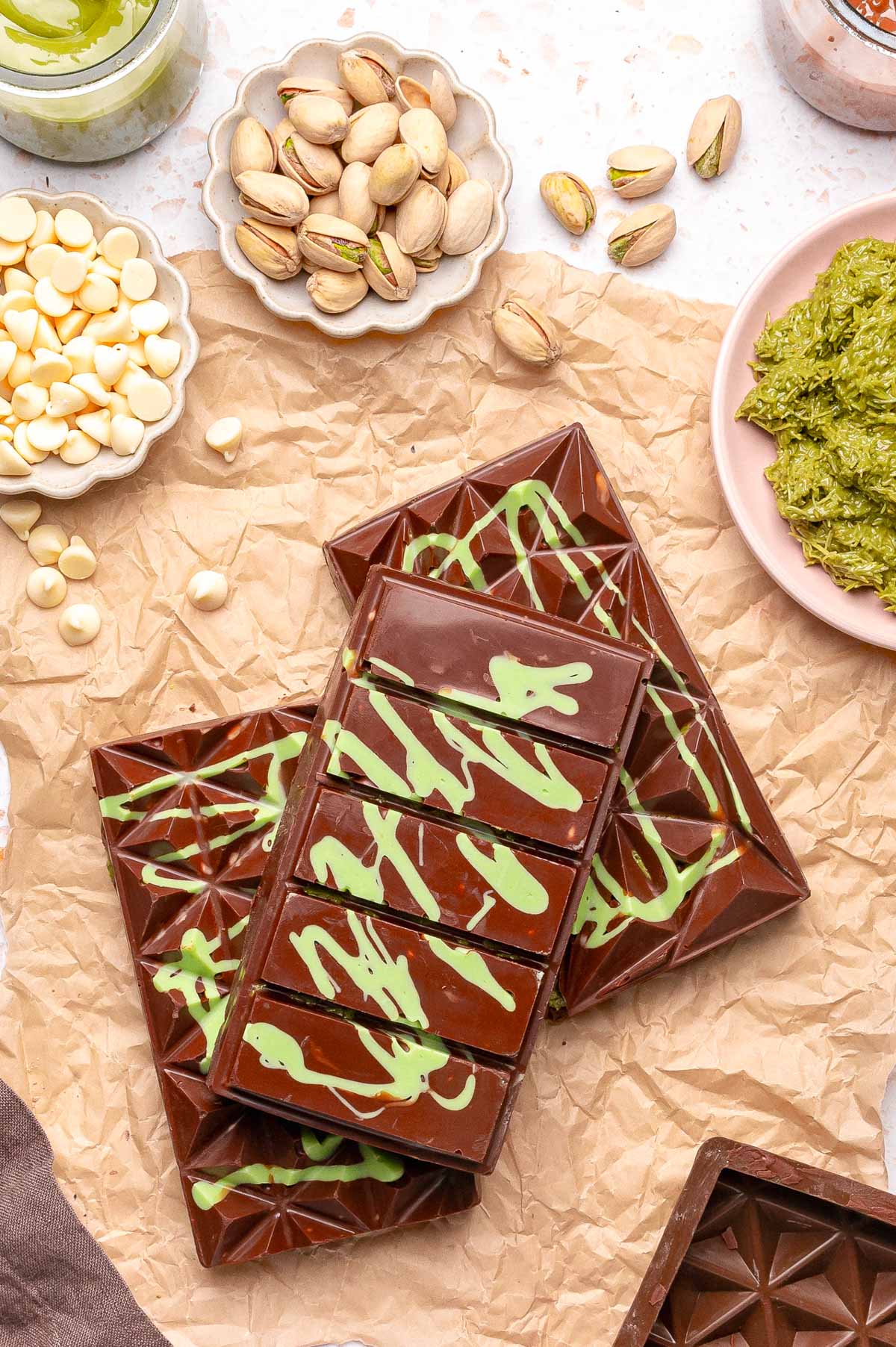 Chocolate Dubai Bars on a piece of parchment paper. 