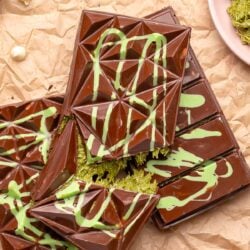 Overhead photo of Dubai Chocolate Bars on a piece of parchment paper.