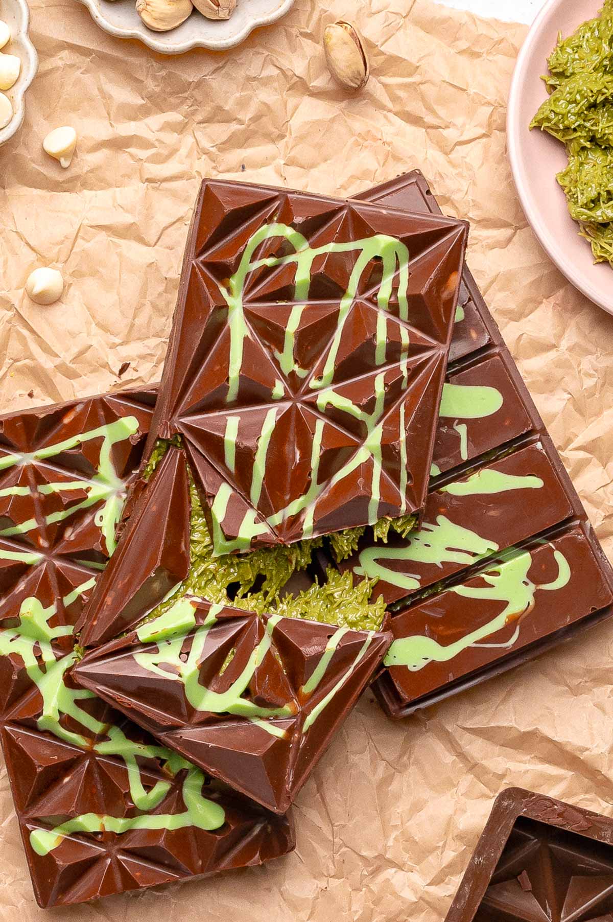 Overhead photo of Dubai Chocolate Bars on a piece of parchment paper.