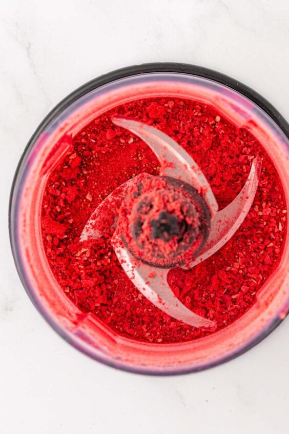 Freeze dried strawberries that have been pulsed in a food processor.
