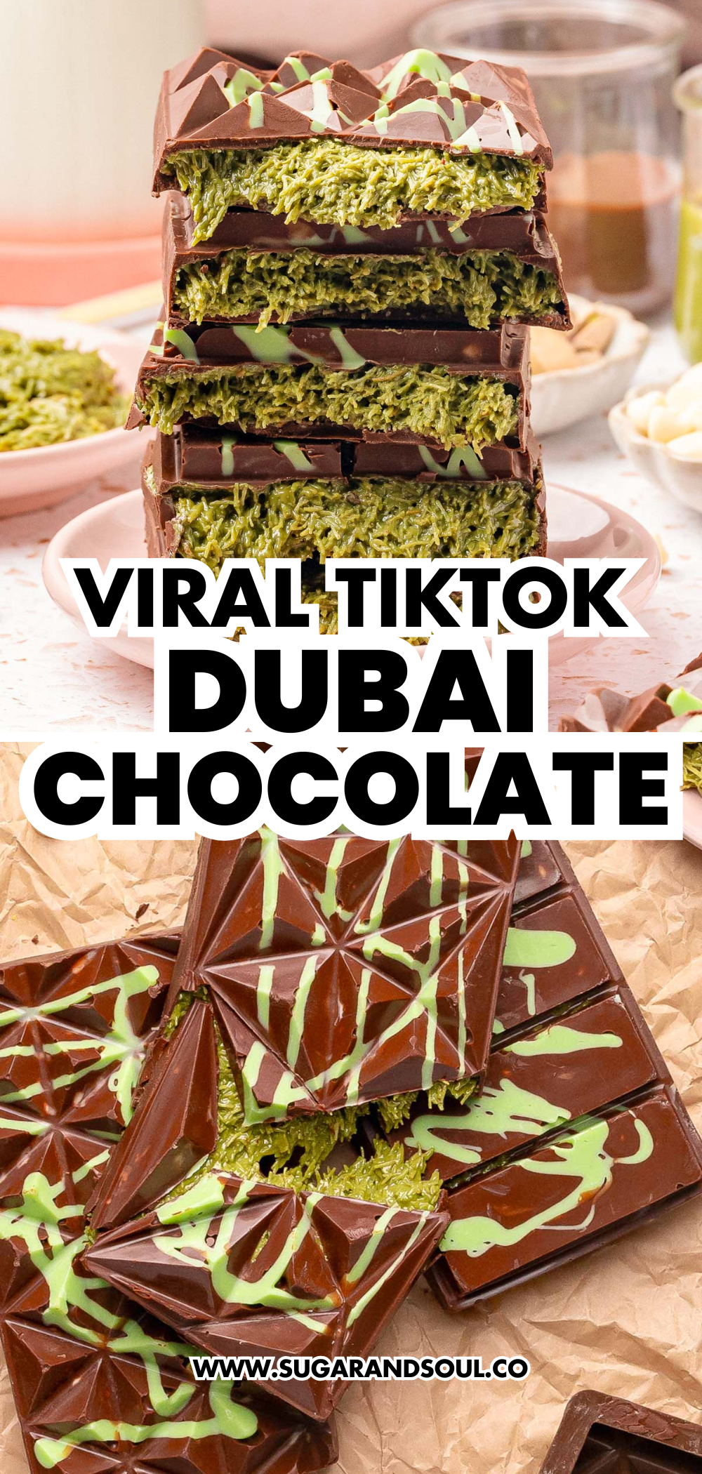 Dubai Chocolate Bars broke the internet with its standout green filling, fun shape, and the promise of delivering an epic culinary experience! Smooth, rich chocolate envelopes a salty-sweet, crunchy pistachio filling that brings a wave of mouthwatering, dynamic flavor with every addictive bite! via @sugarandsoulco