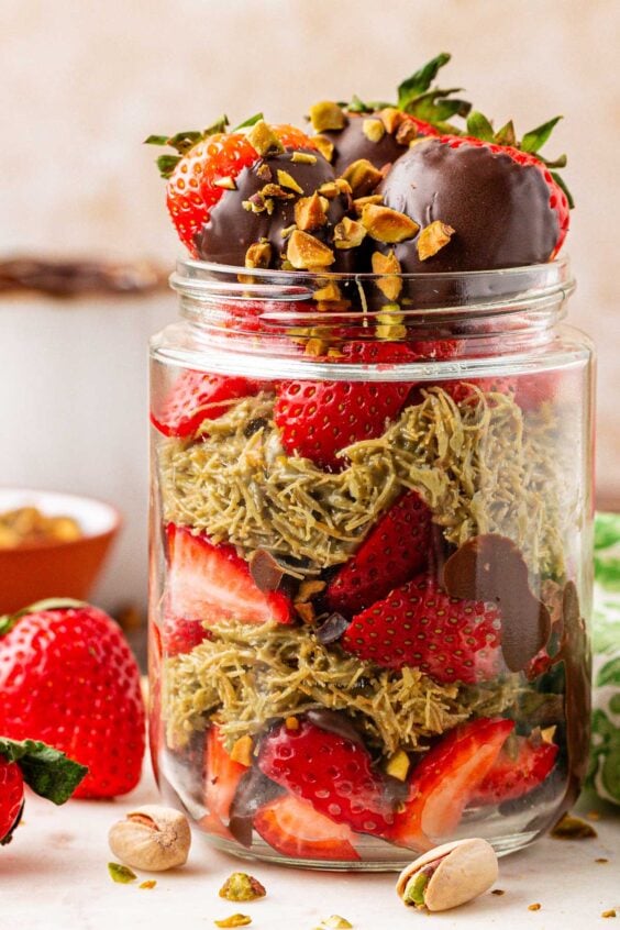 Close up of a jar filled with Dubai Strawberry cup mixture.