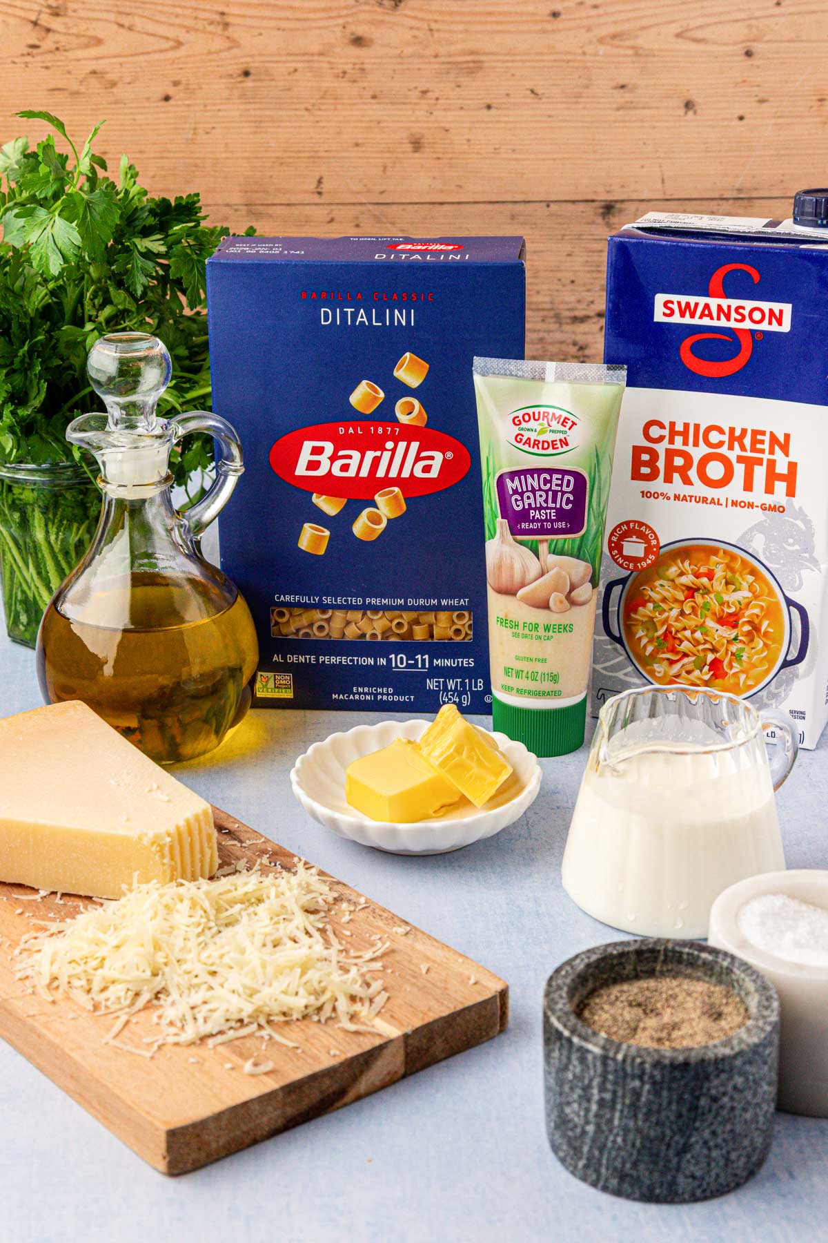 Ingredients to make That Viral Pasta recipe with ditalini pasta on a table.