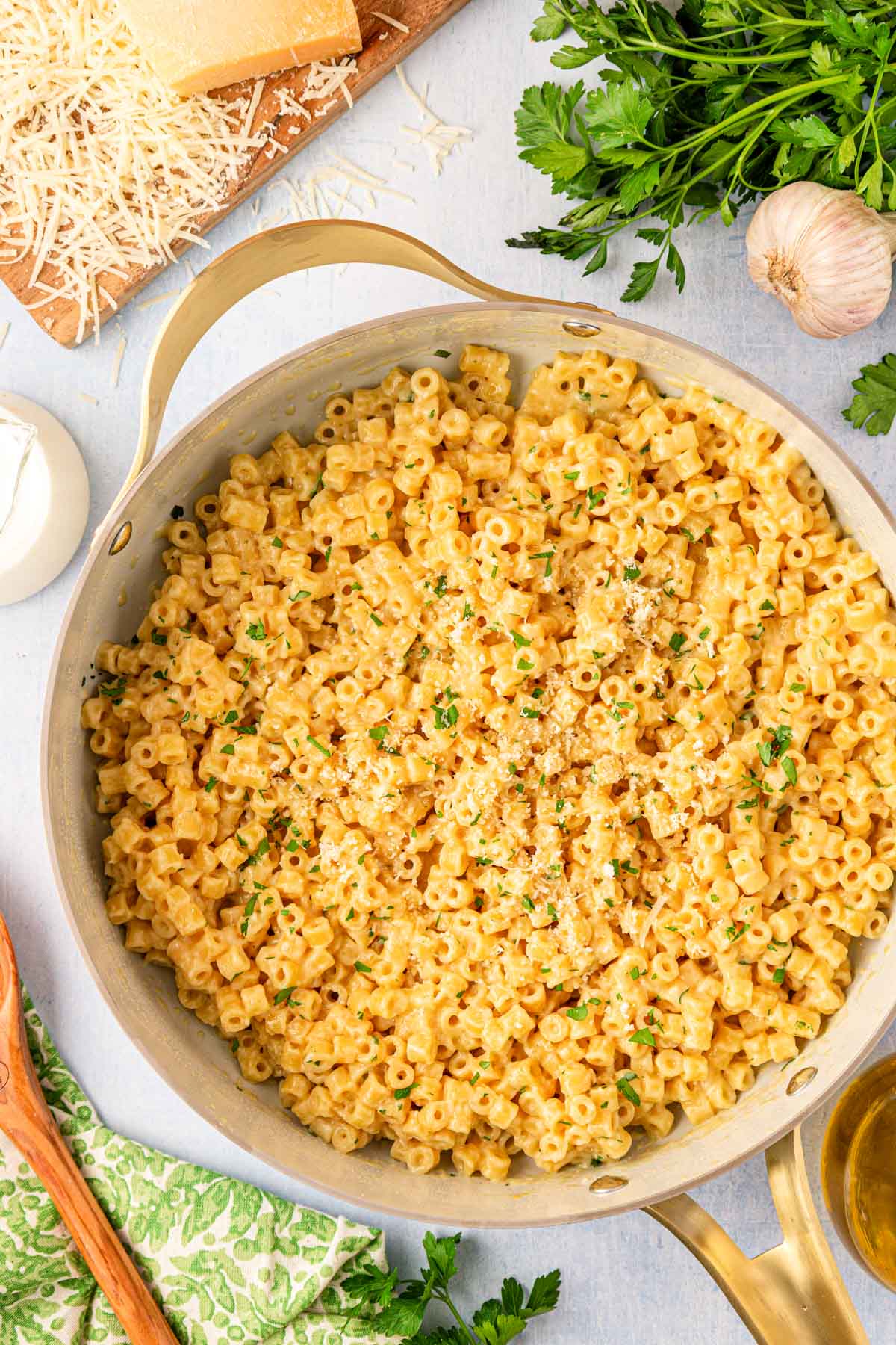 A pan filled with that viral ditalini pasta recipe on a table.