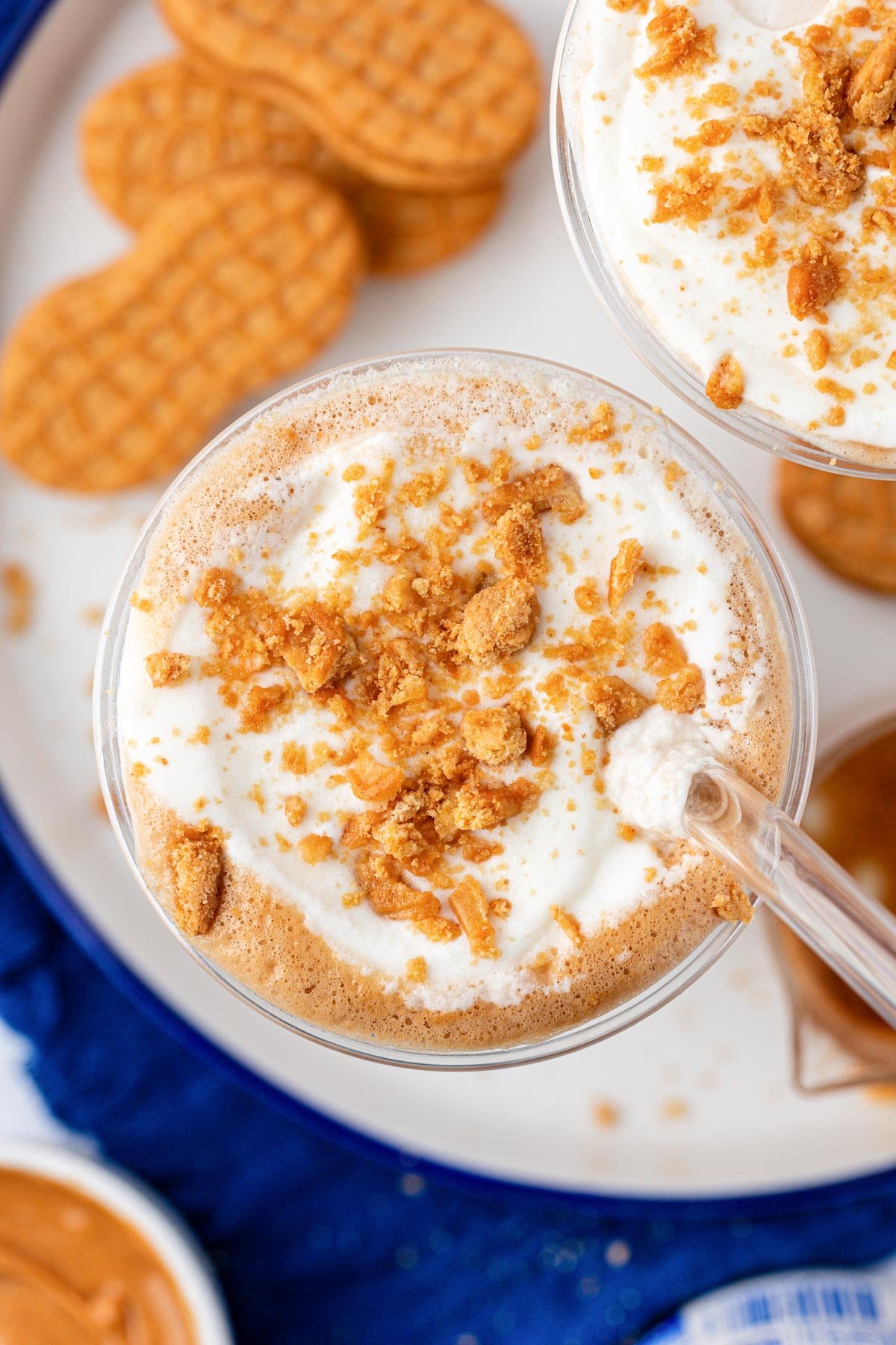 Overhead photo of a fluffy seagull latte with marshmallow cold foam.