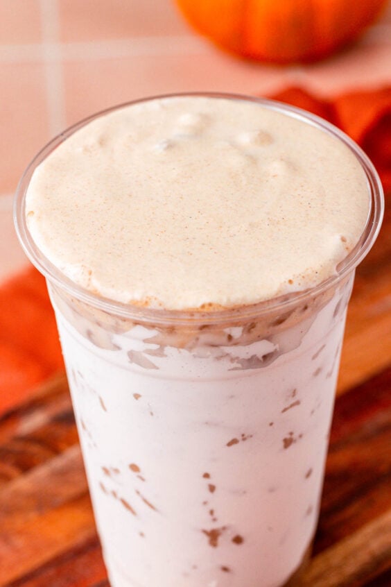 Pumpkin cold foam on an iced latte with marshmallow fluff.