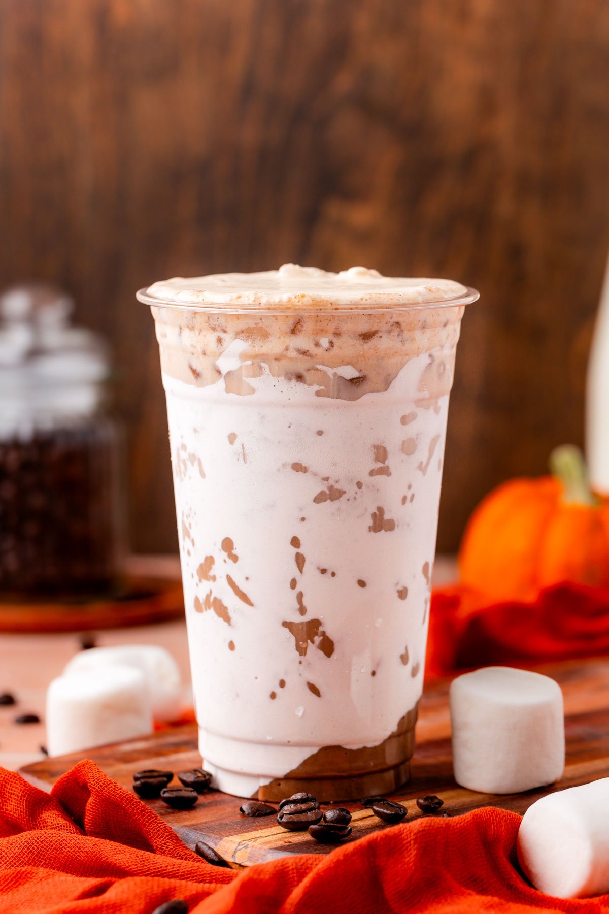 A fluffy pumpkin latter made with nutella on a table.