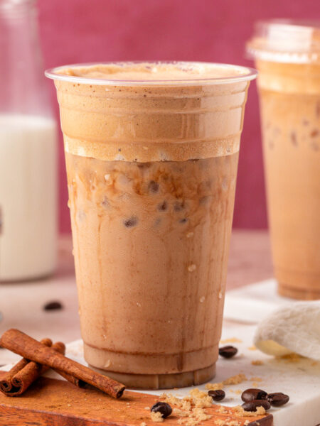 Two iced French Toast Lattes on a table.