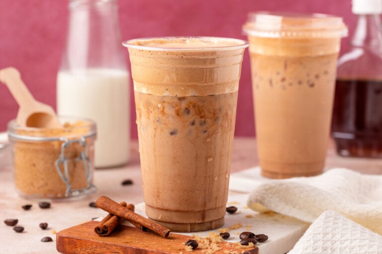 Two iced French Toast Lattes on a table.