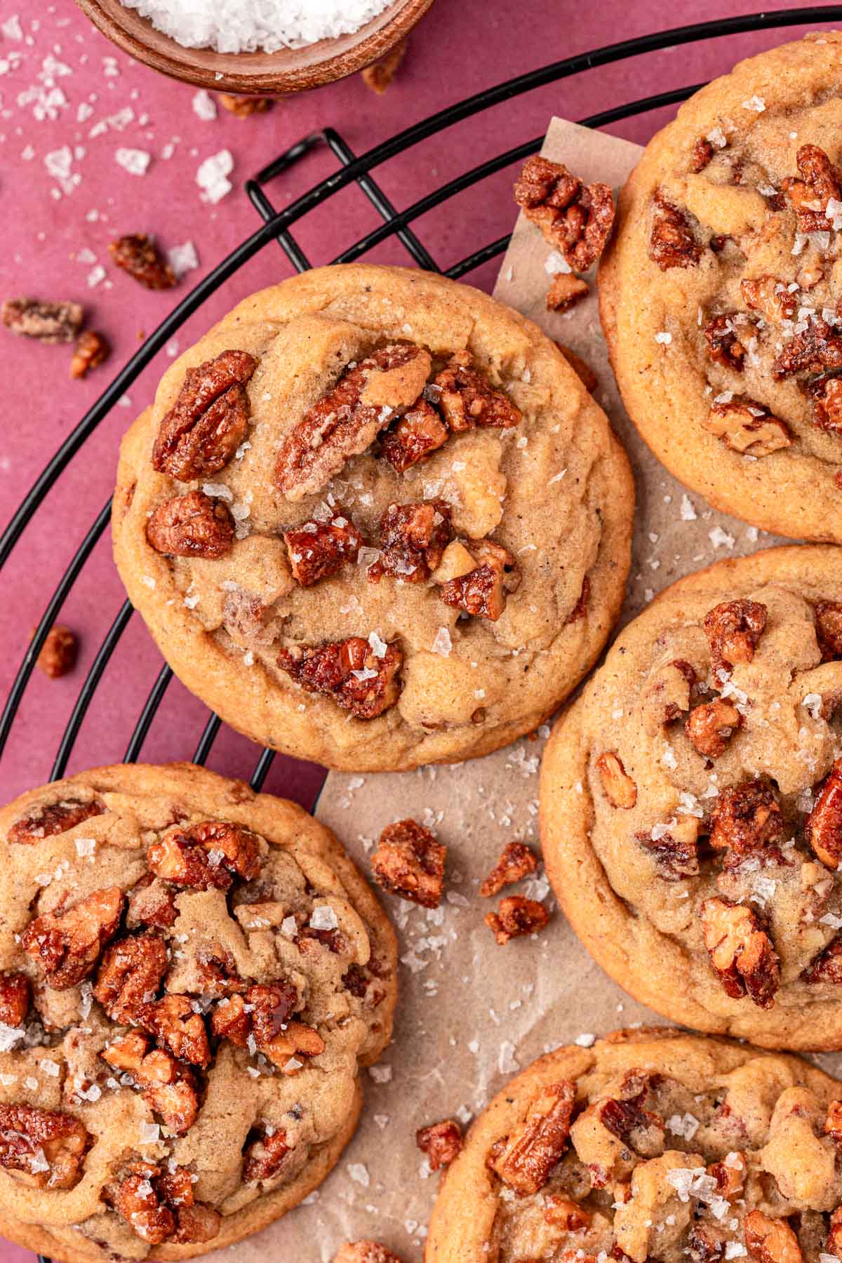 Overhead photo of maple pecan cookies on a wire rack.