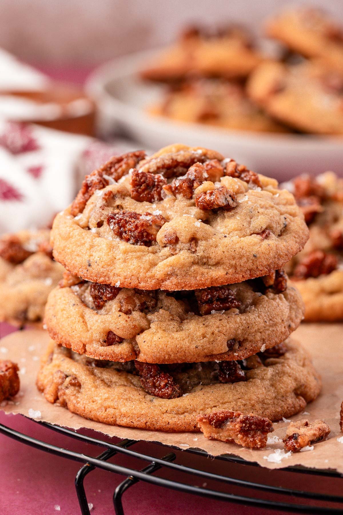 A stack of three maple pecan cookies.