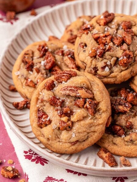 Maple Pecan Cookies on a beige scalloped plate.