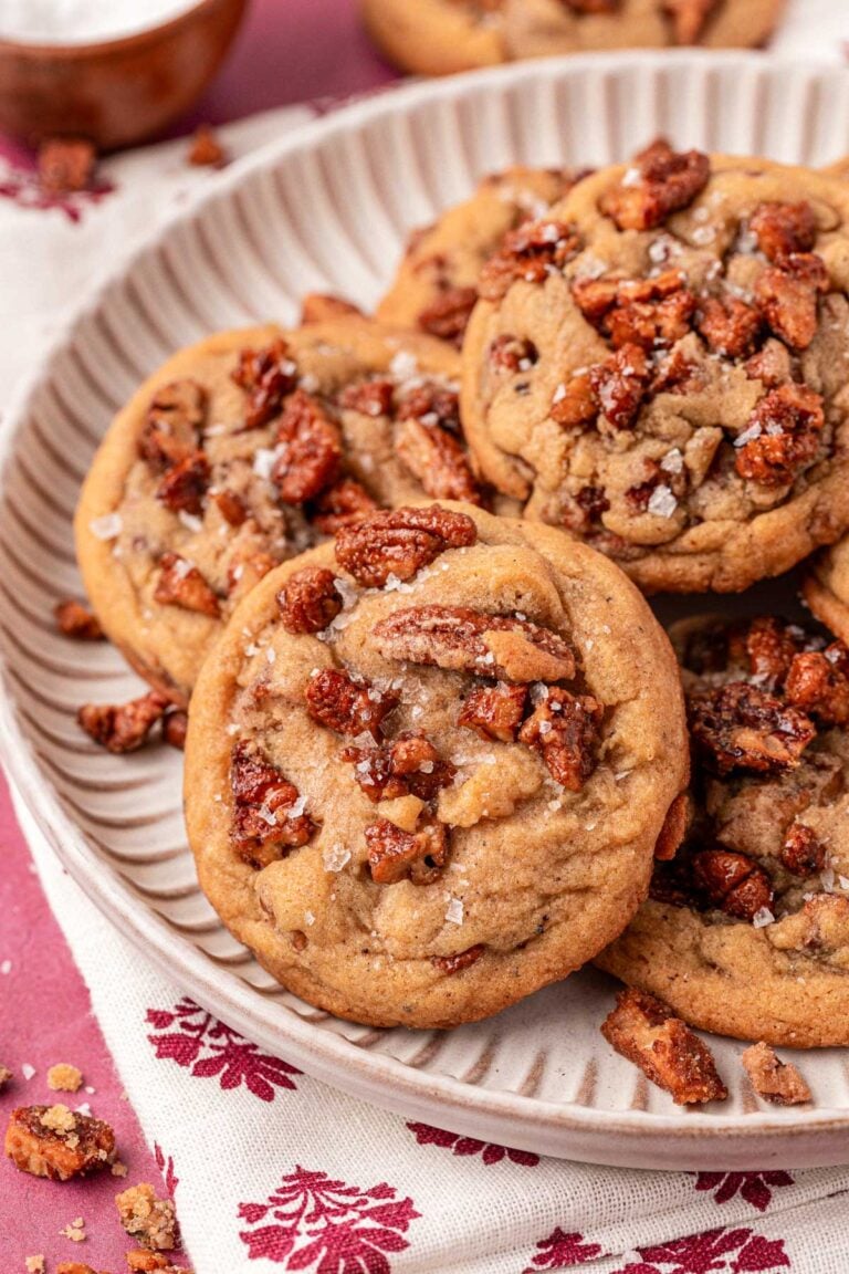 Maple Pecan Cookies on a beige scalloped plate.