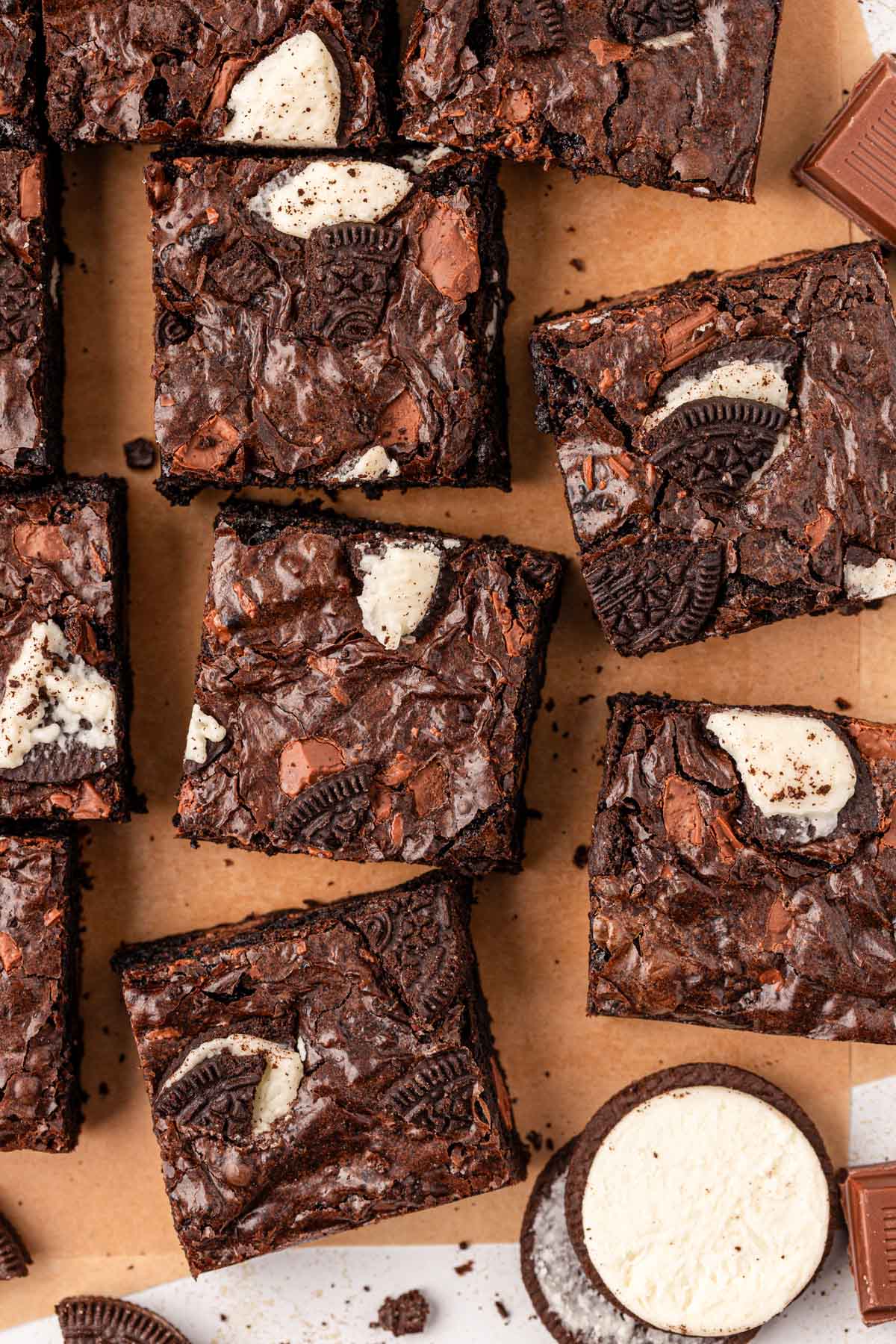 Overhead photo of oreo brownies on a piece of parchment paper.