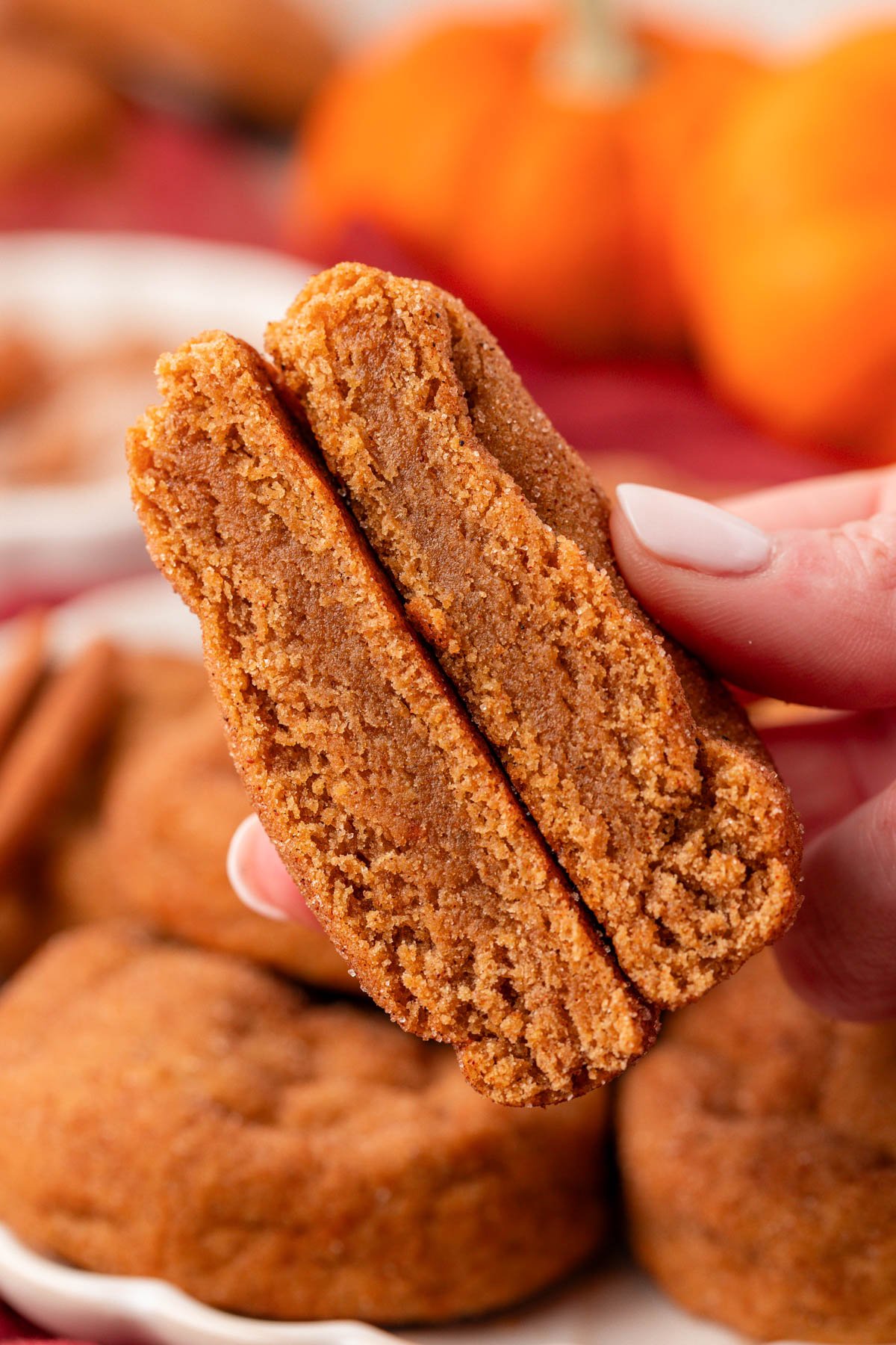 A woman's hand holding a pumpkin snickerdoodle cookie that has been sliced in half.