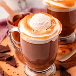 Close up of two mugs on hot chocolate with toasted fluff and whipped cream.