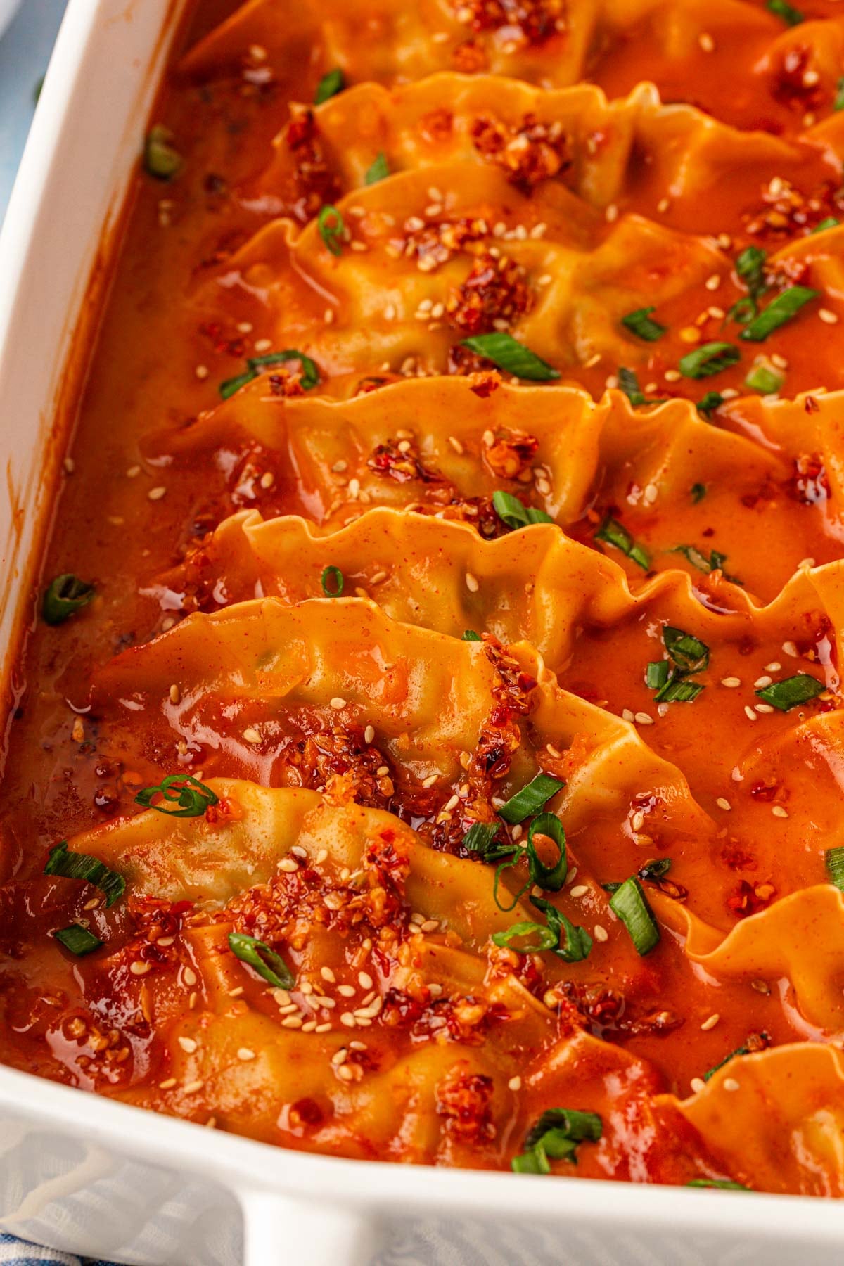 Close up of a pan with viral dumpling bake in it.