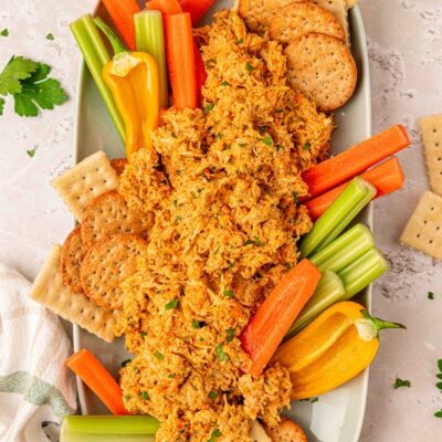 A platter with fresh veggies and chicken soup chicken salad and crackers on it.