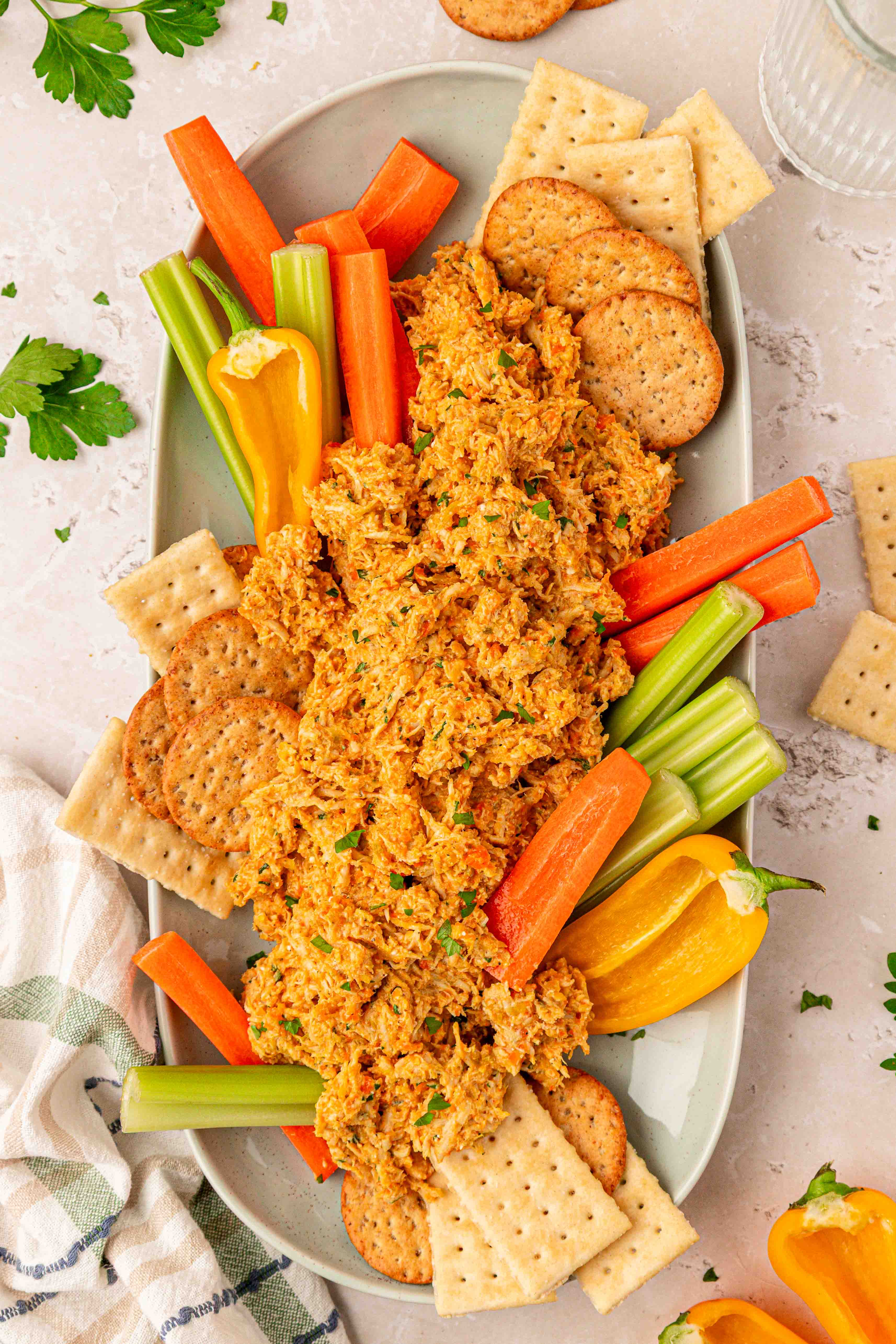A platter with fresh veggies and chicken soup chicken salad and crackers on it.