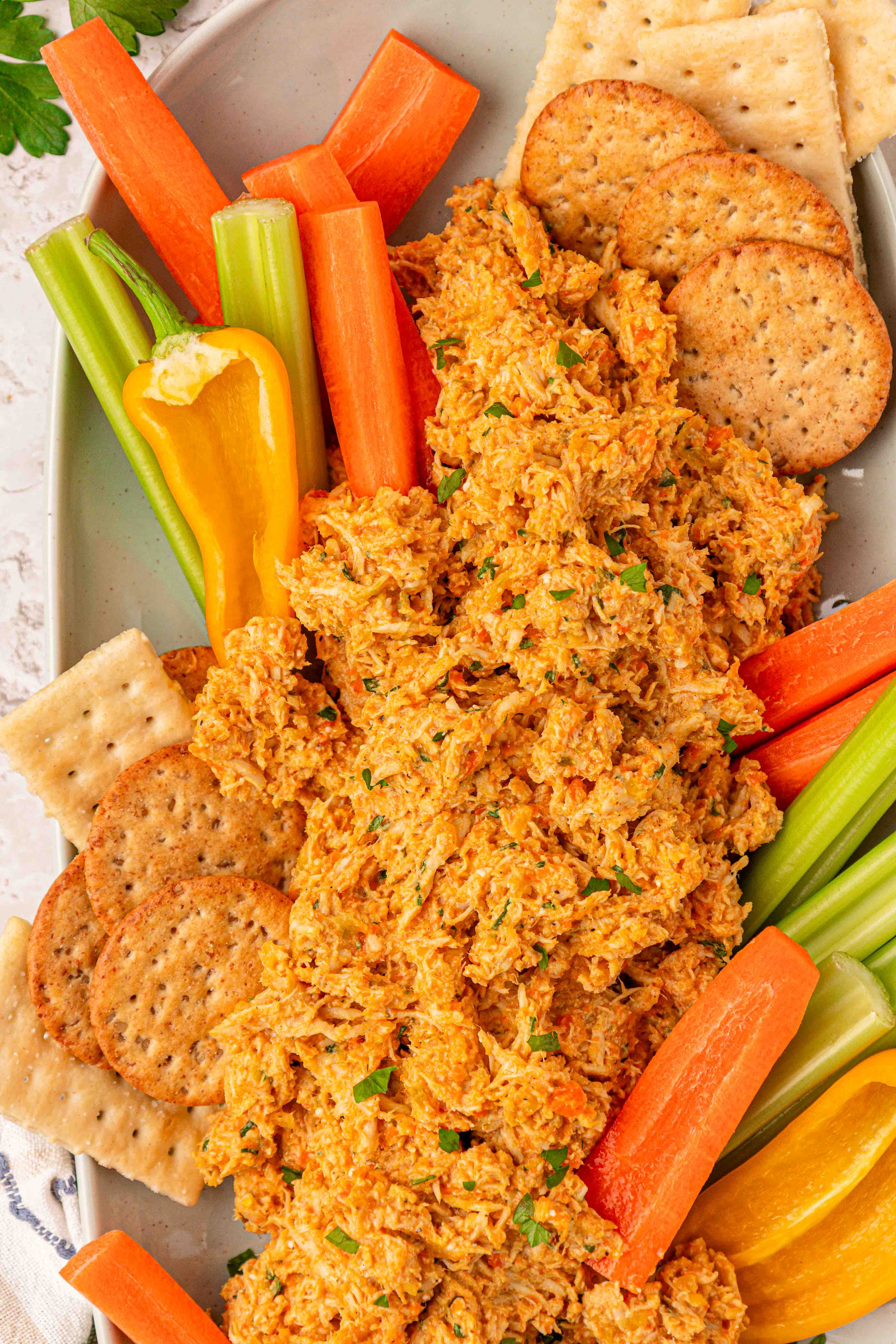 Overhead photo of chicken soup chicken salad on a plate with veggies and crackers.