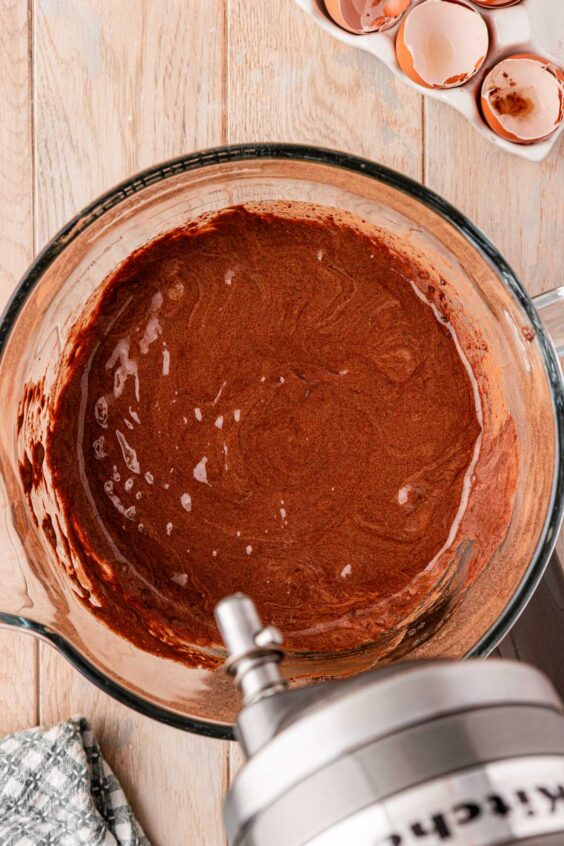 Brownie pudding batter in a mixing bowl.