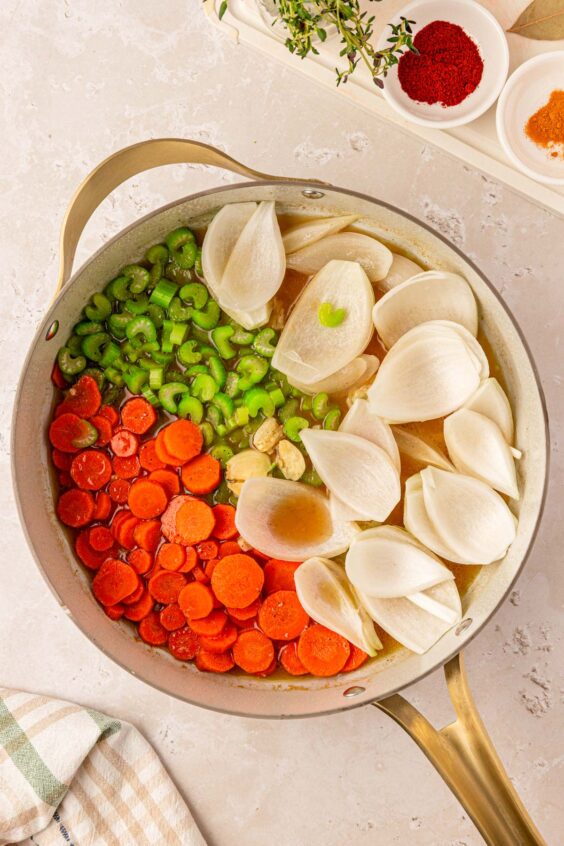 Veggies in a pan.