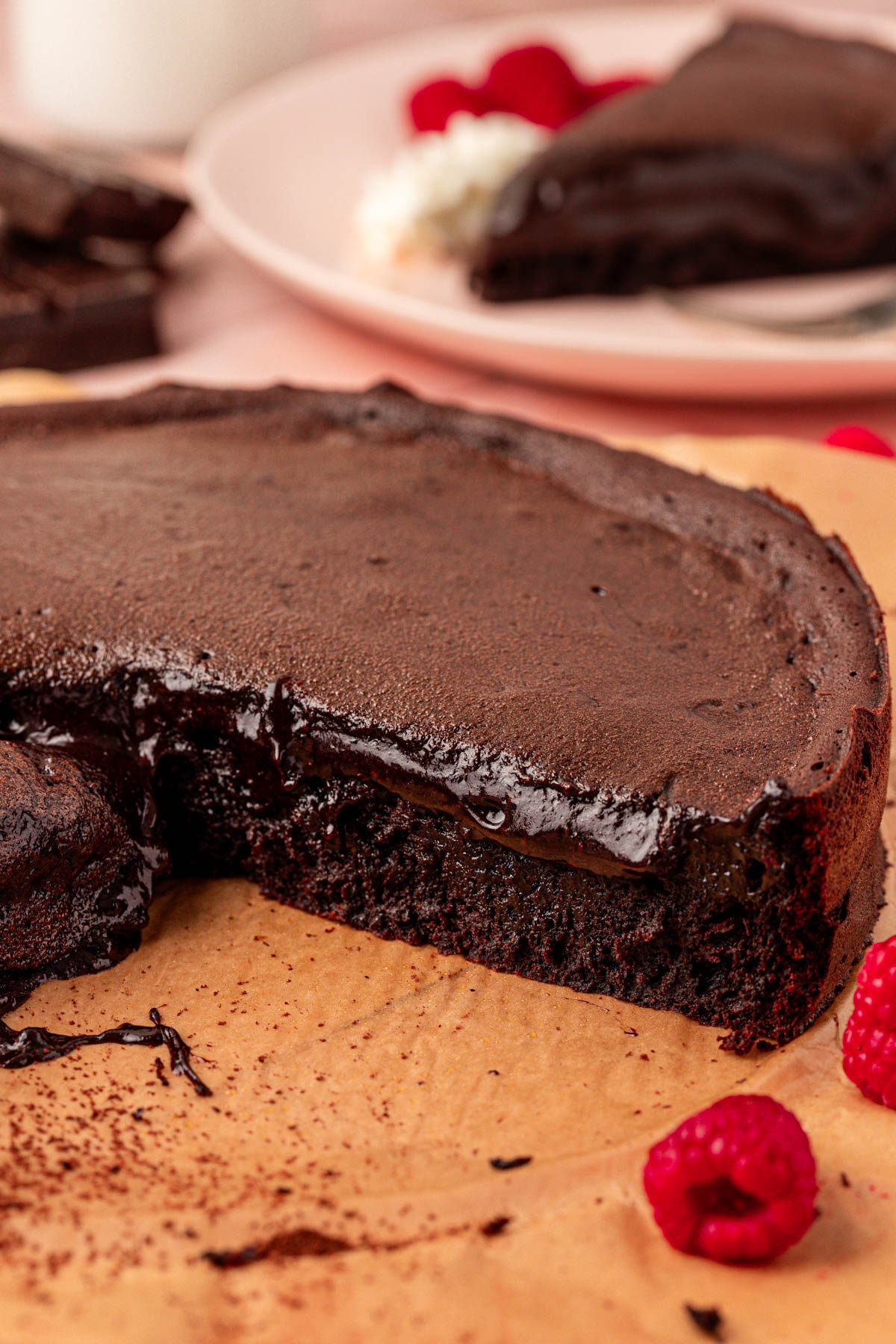 Close up of Soft Chocolate cake that's been sliced.