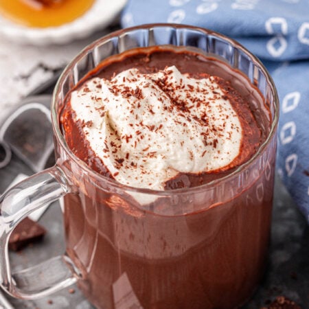 A mug of Earl Grey Hot Chocolate in a clear glass mug.