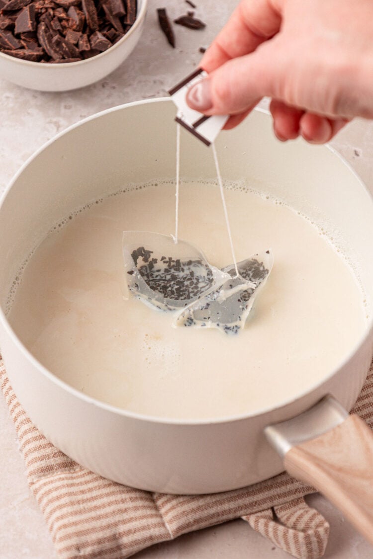 Two tea bags steeping in a pot of milk.