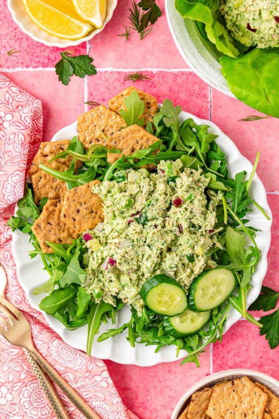 Green Goddess Chicken Salad on a white plate.