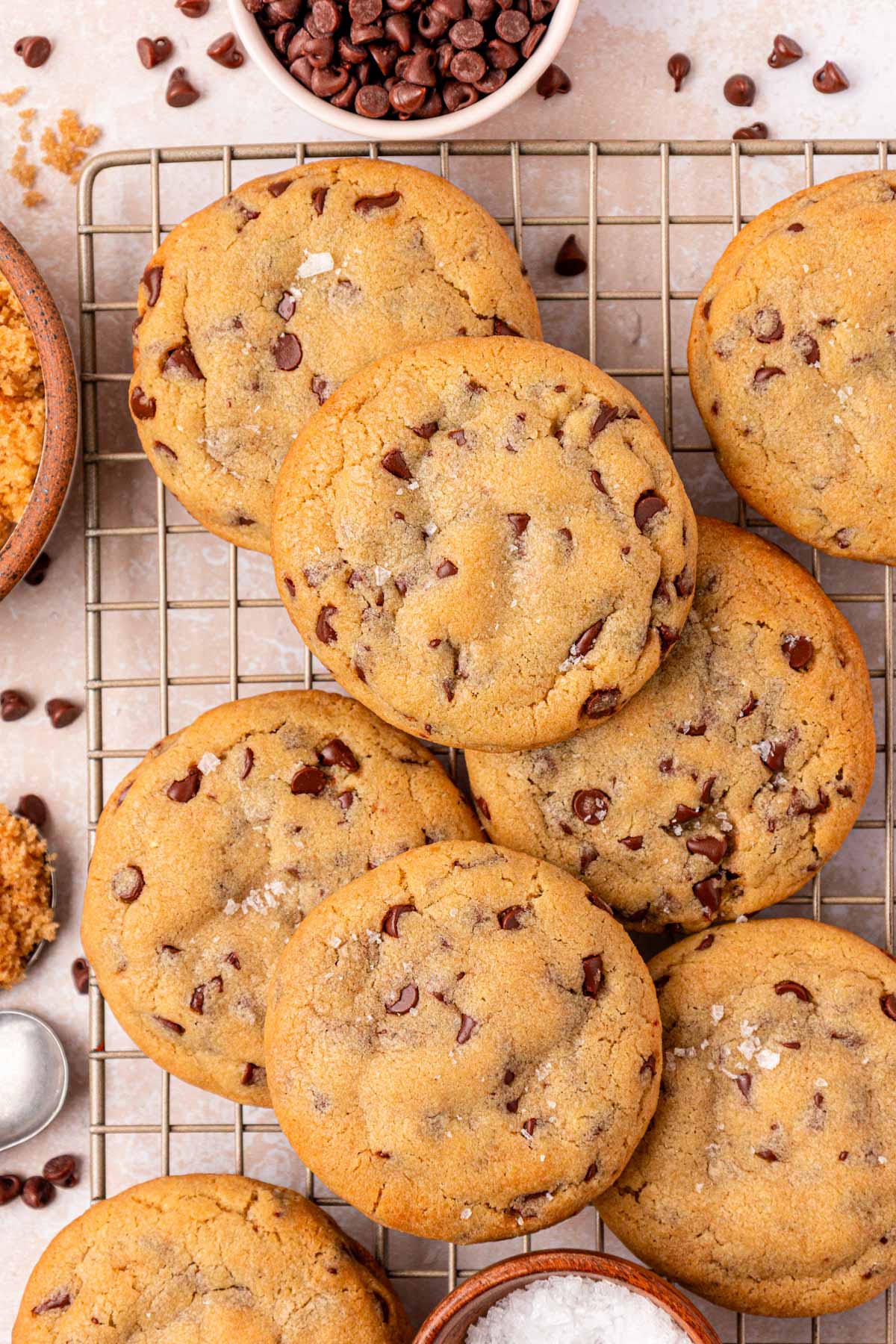 Overhead of Grandma's chocolate chip cookies on a wire rack.